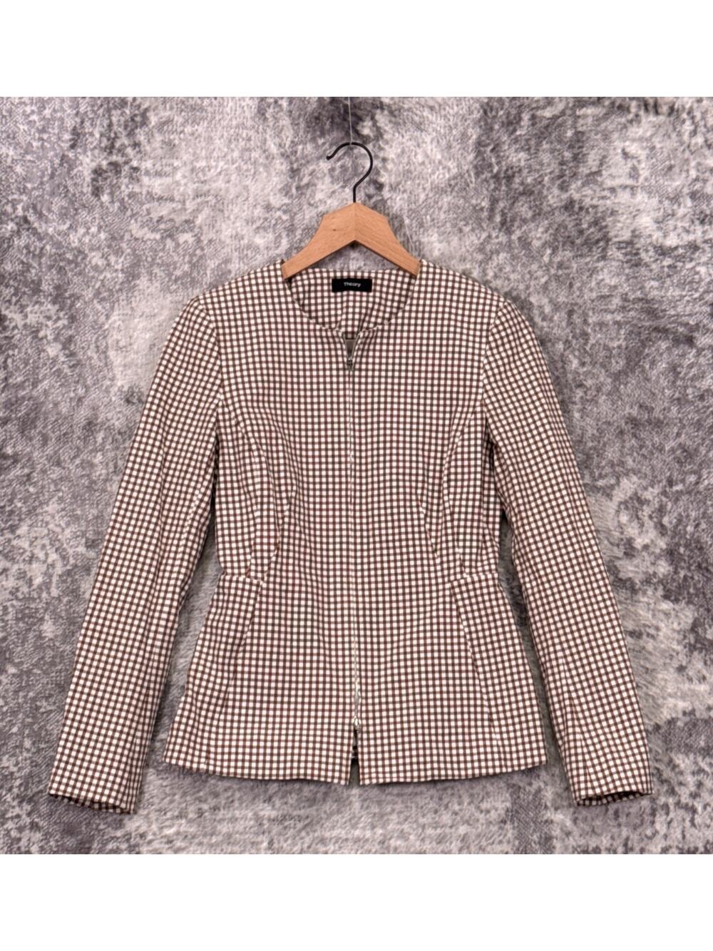 Theory Jacket 2 Womens Cotton Check Modern Collarless Full Zip Blazer